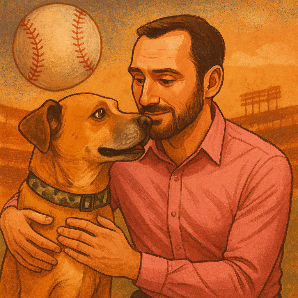 Illustration of a man in a pink shirt lovingly holding a golden-brown dog with a baseball field in the background, symbolizing healing, companionship, and life after sports.