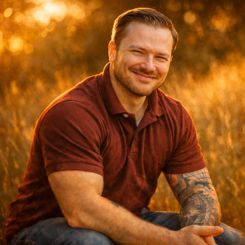 Kevin with a sunlit background in a field of wheat with a maroon top on and jeans