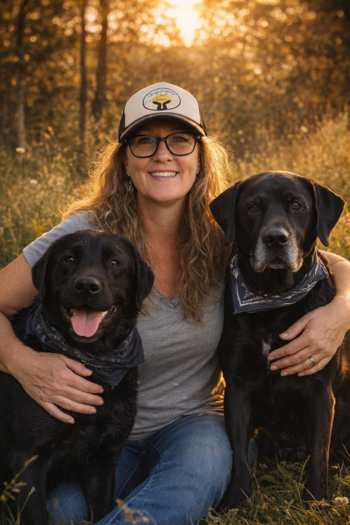 Host Heather Holt with medium length blond hair and light skin sits with her two black labs under the sun with the woods behind them